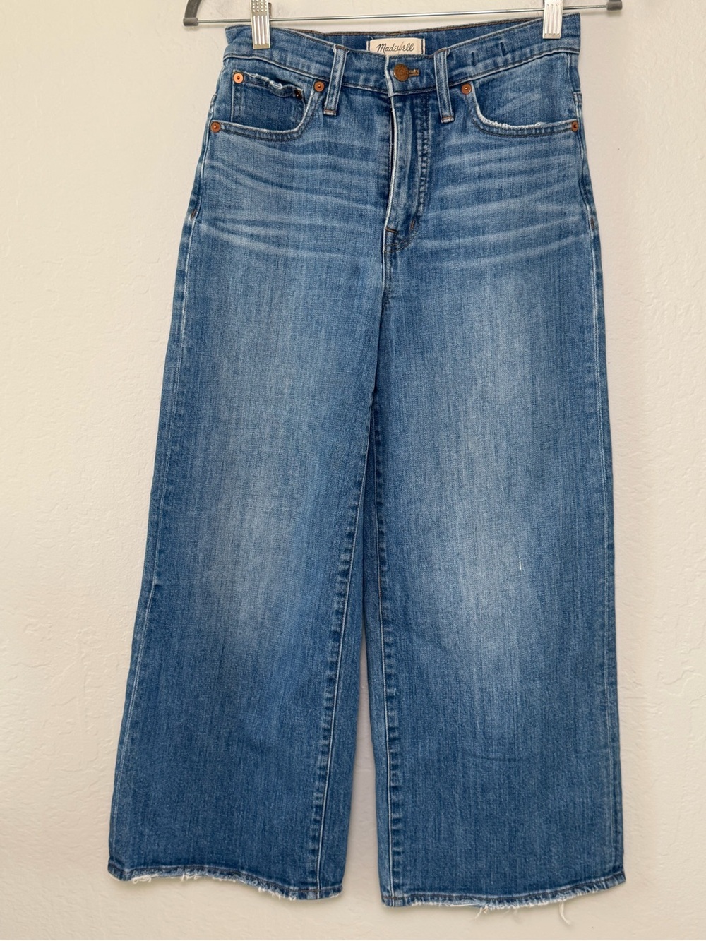 Madewell High Rise Wide Leg Cropped Denim Jeans Medium Blue Raw Hem Size 25